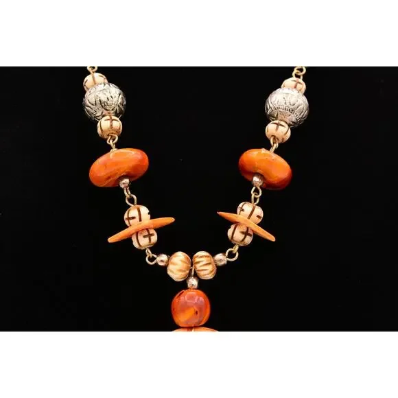 Vintage Carved Laminated Wood Statement Necklace Whimsical Made in India Bin3A